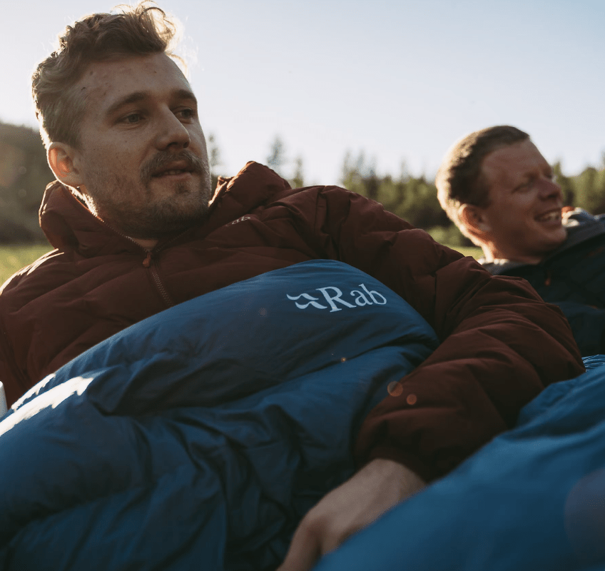 two men lying down in rab sleeping bags