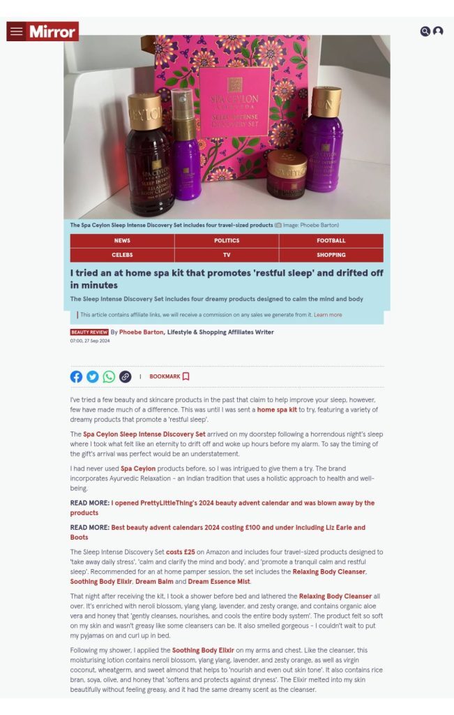 Screenshot of Hello magazine showing Spa Ceylon article