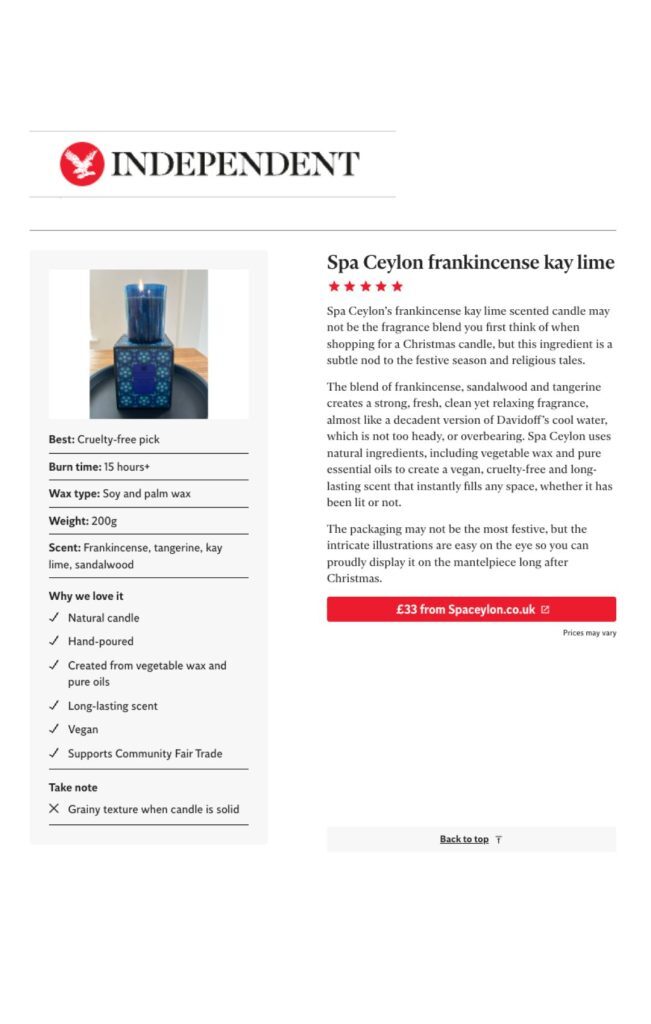 Screenshot of Spa Ceylon placement in The Independent