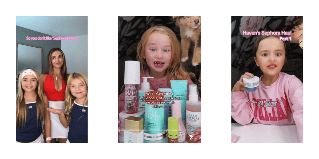 screenshots of children with beauty products on social media