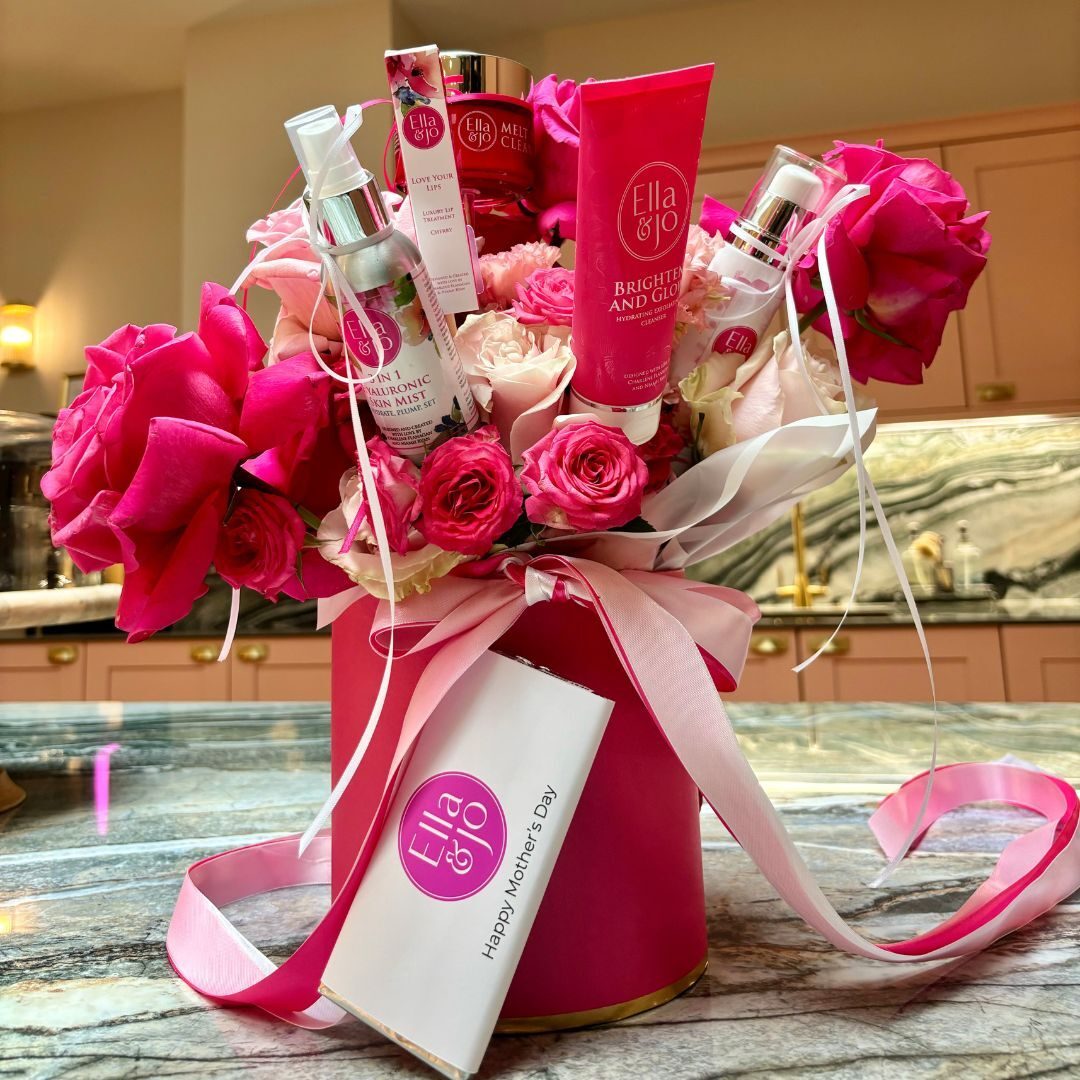 mother's day bouquet with ella and jo skincare products and chocolate