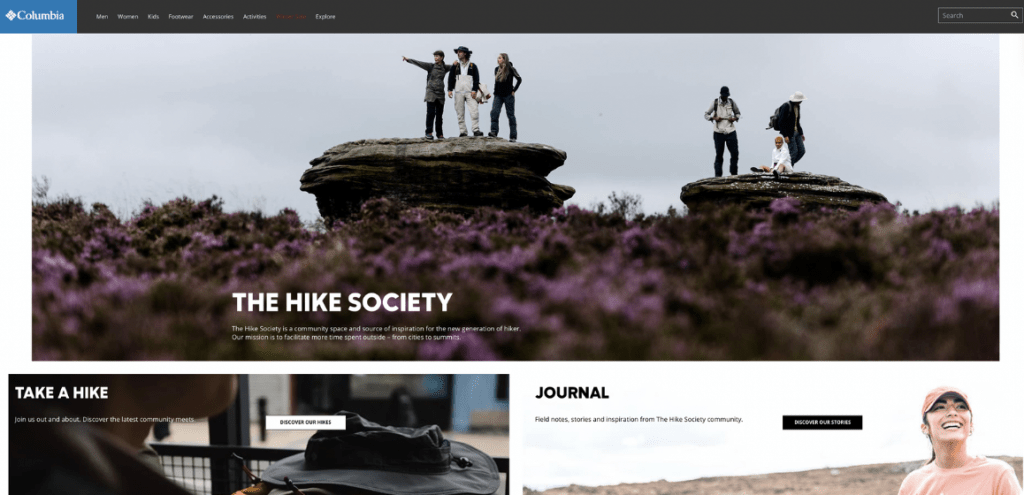 columbia sportswear the hike society website landing page