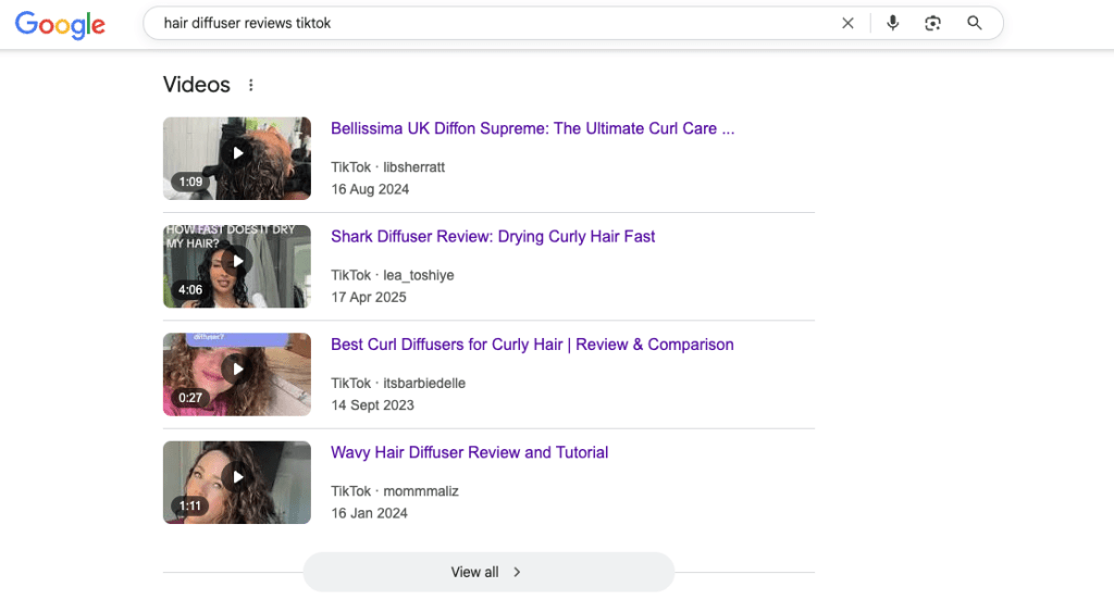 screenshot showing tiktok videos on hair diffuser reviews search page results on google