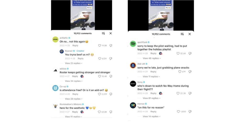 Two screenshots showing different brands all using the same brand voice in social media comments.