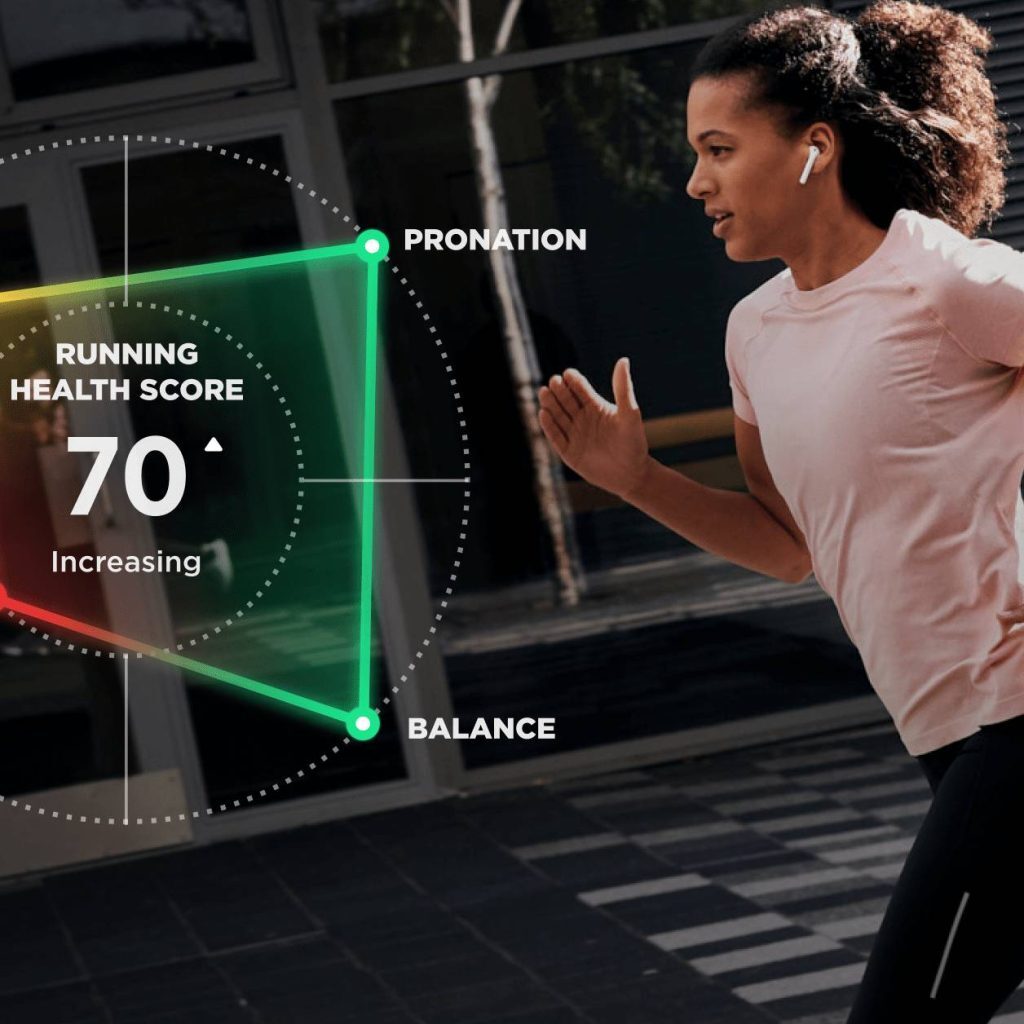 female running with running health score of 70 graphic alongside