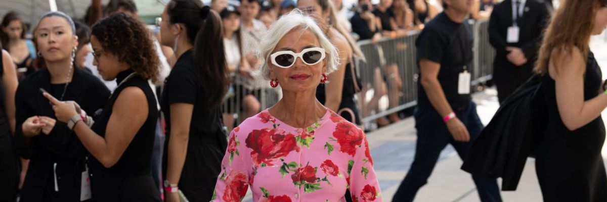 a white haired woman, grece ghanem, at a fashion show