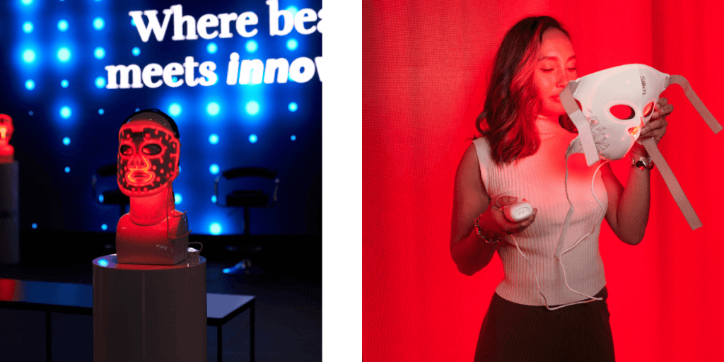 wo images, one on the left showing the Silk'n LED EMS face mask on a plinth. The second image shows a woman trying the mask against a red backdrop.