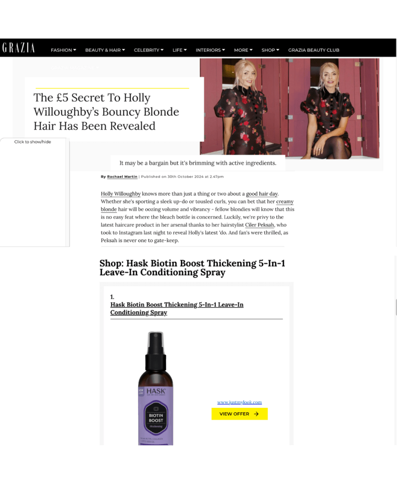 a screenshot of grazia magazine showing holly willoughby and HASK product