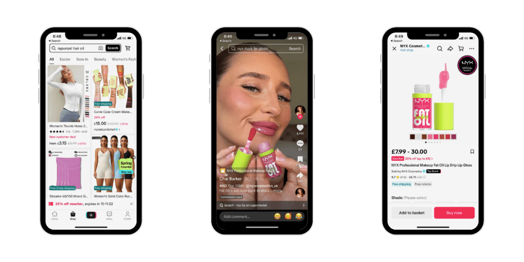 screenshots of tiktok shop showing the main user interface, an ad, and the product purchase point