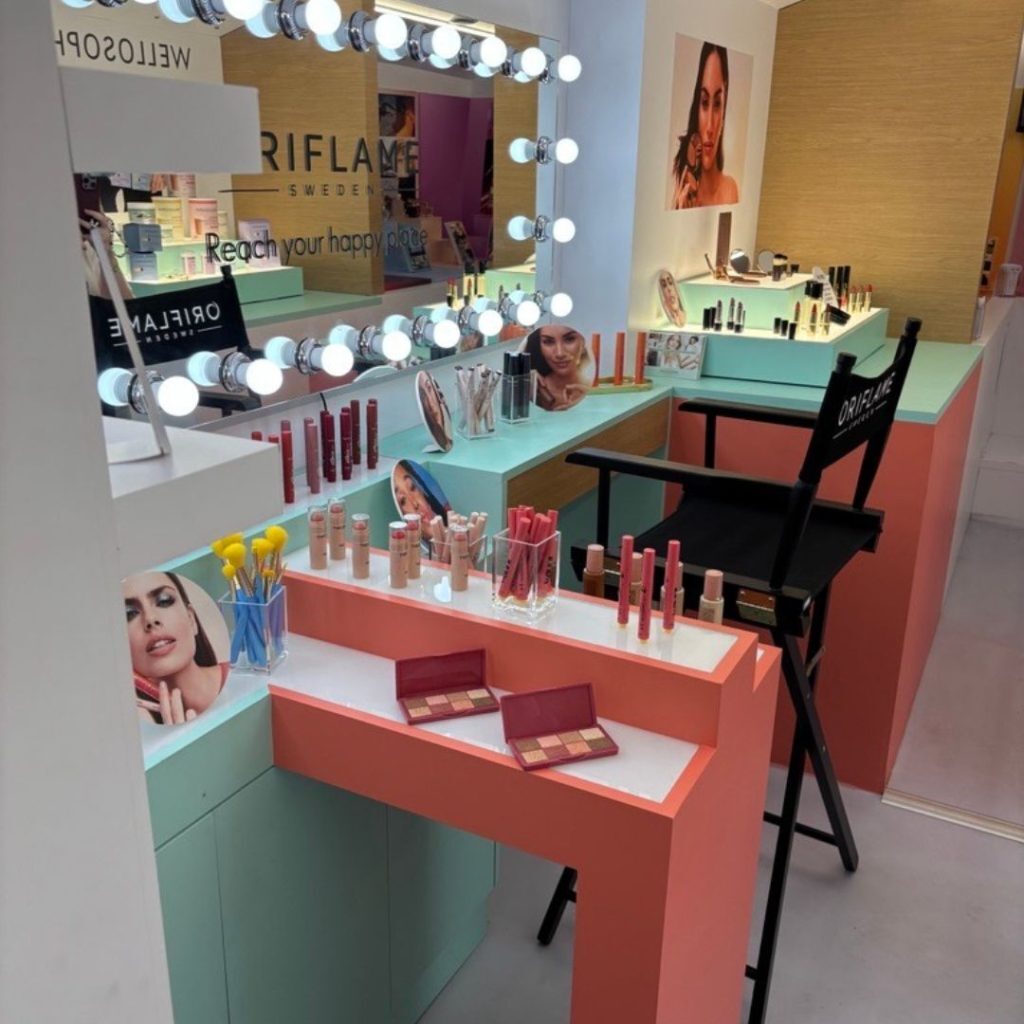 oriflame beauty bus makeup section interior