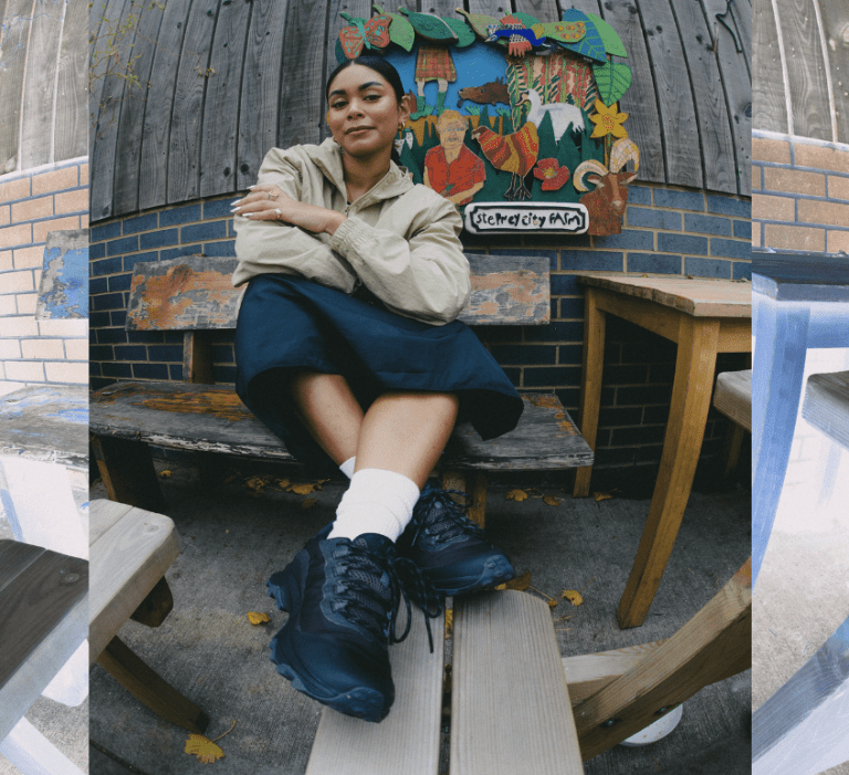 woman in merrell trainers sitting down